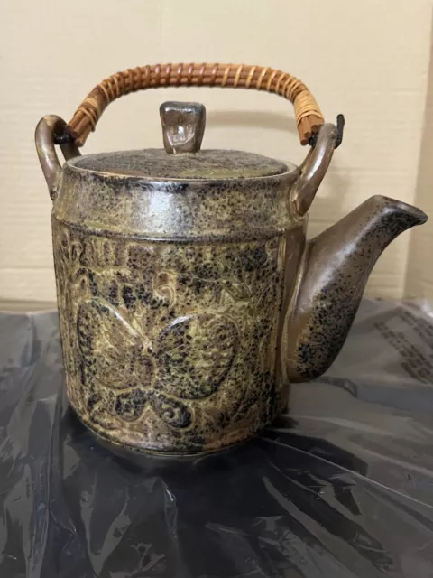 Japanese Style Vintage Ceramic Teapot With Wicker Wrapped Handle