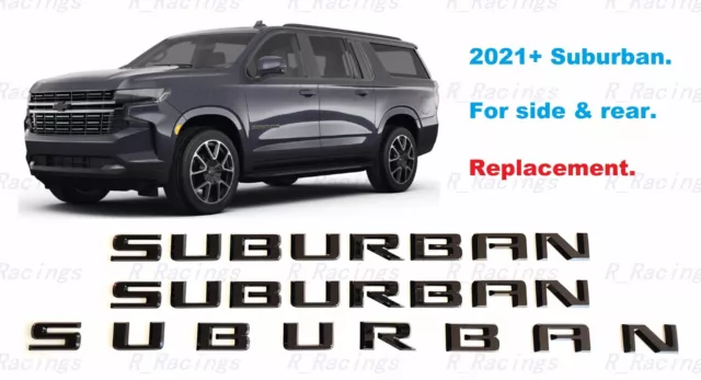 3PCS Gloss Black Door & Rear Suburban Emblems Letters 2021+ Chevrolet Suburban