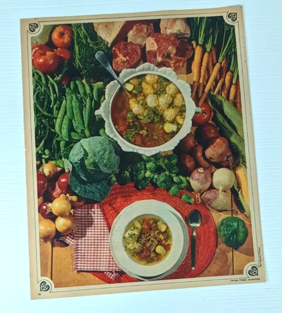 1968 Food holiday feast PRINT AD array of vegetables meat soup stew on table