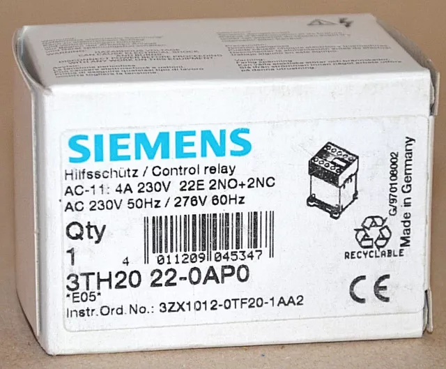 Siemens 3TH2022-0AP0 Hilfsschütz 3TH20 22-0AP0 Control Relay NEU OVP