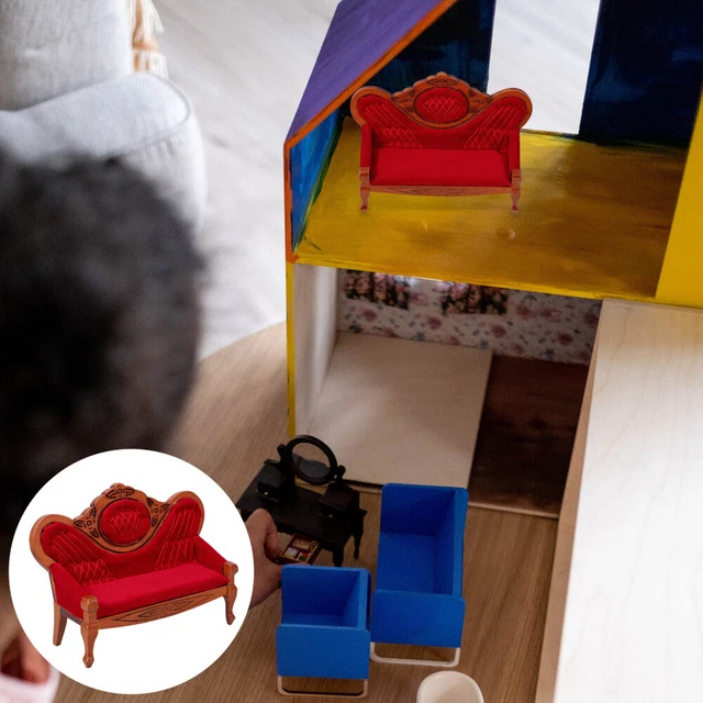 JurciCat Miniatur Sofa Für Puppenhaus - Holz Möbel Mit Kissen Im Maßstab 1:12