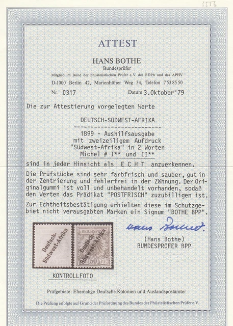 DSWA: MiNr. I und II in postfrisch, BPP Attest 2