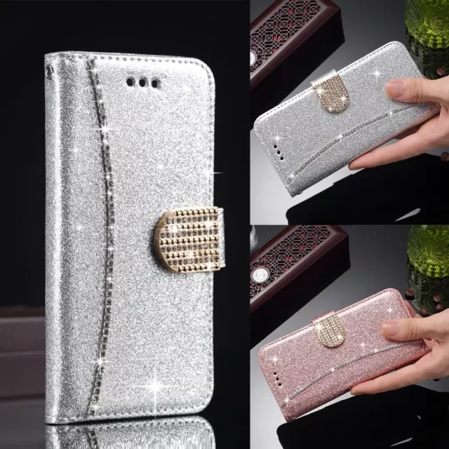 Luxury Bling Glitter Slim Diamond Leather Flip Wallet Case For Samsung iPhone