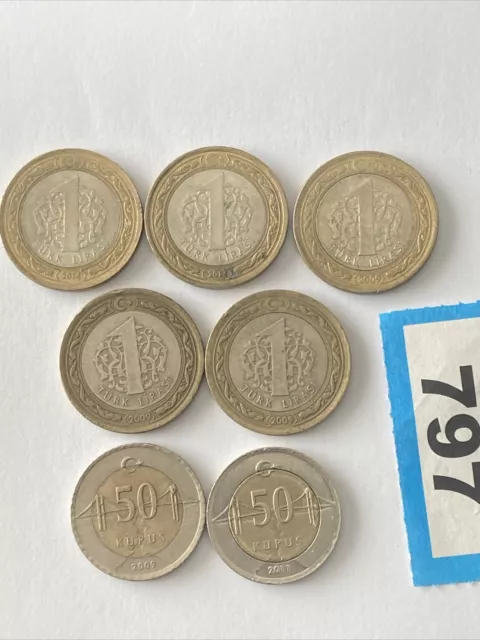 7 Turkey Coins 1 Liras & 50 Kurus Mixed Dates