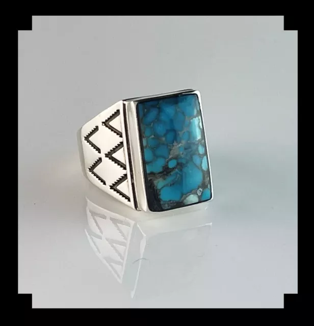 Native American Style Sterling and Chinese Turquoise Men's Ring Size 13 3/4 3