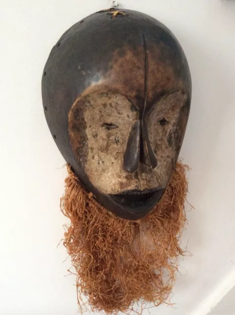 Unusual Antique PUNU African tribal mask with straw beard