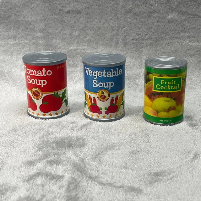 Can Of Tomato Soup, Vegetable Soup & Fruit Cocktail Play Food Replica Mini