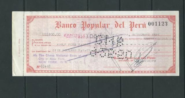 Pérou 1950 Carreaux Banco Populaire Del Cashed En New York W/6 Fiscaux Timbres