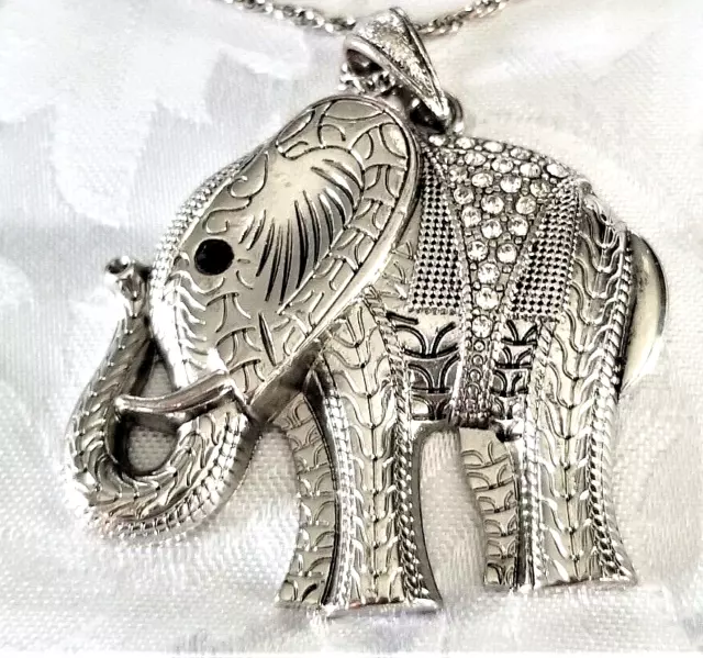 Large Fancy Elephant Pendant Necklace Silver tone 30in Chain TRUNK UP Crystals