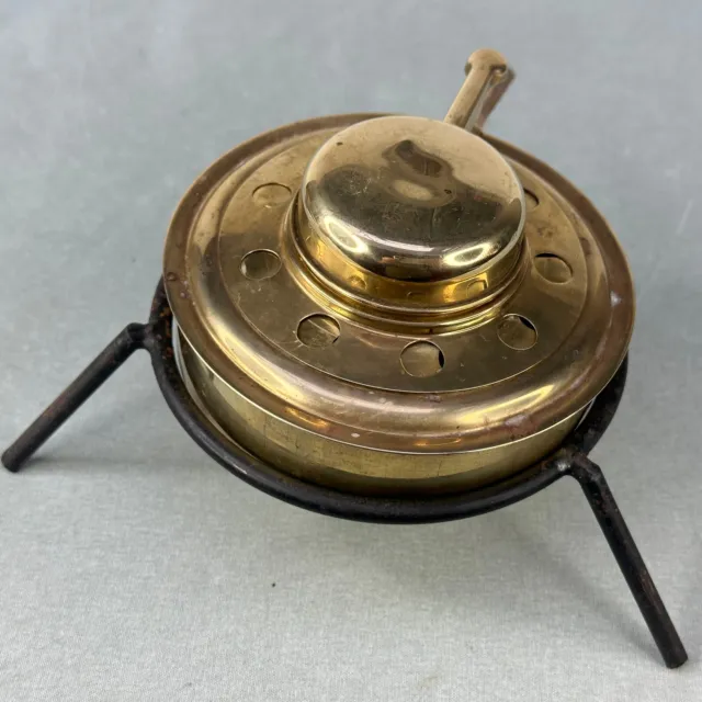 Vintage French Kitchen Small Brass Food Warmer on 3 Leg Circular Metal Stand