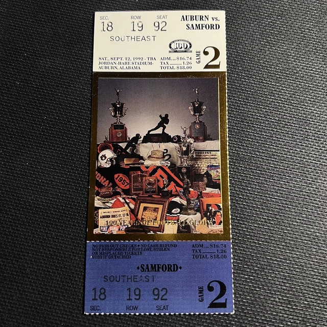 1992 Auburn vs Samford  football Season ticket holder replica stub SEC NCAA