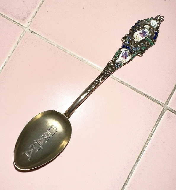 Antique Victorian Sterling Silver Souvenir Spoon Omaha Nebraska Enamel Flowers