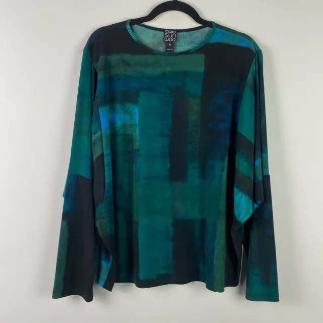 Clara Sun Woo Top Womens XL Dolman Sleeve Stretch Watercolor Green Blue Black