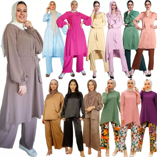 Women Long Sleeve Blouse Pants Set Muslim Two Piece Kaftan Islamic Robe Robe