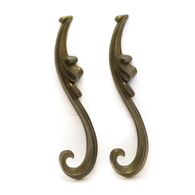 Pair 2 Mid-Century Architectural Salvage Cast Metal Brass Tone Scroll & Leaf 16"