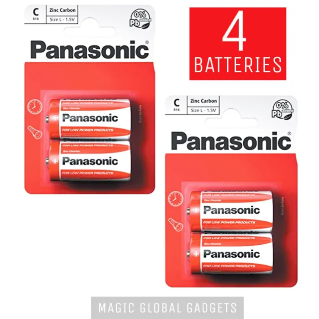 4 X Panasonic Zinc C Size Carbon Batteries R14 1.5V Mn1400, Mx1400 Expiry 2022