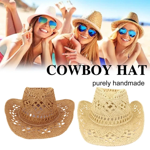 Unisex Hand-Woven Straw Hat Summer Outdoor Western Cowboy Cowgirl Beach J29C