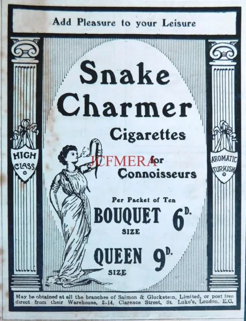 Salmon & Gluckstein 'SNAKE CHARMER' Cigarettes Advert : Original 1915 Print
