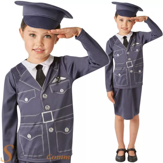 Girls WRAF Costume Kids World War 40s Royal Air Force Uniform Fancy Dress Outfit