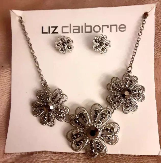 NWT Liz Claiborne silver tone black floral necklace earrings set