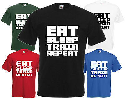 EAT Sleep Train Repeat T Shirt Bodybuilding Palestra Tee Top Divertente Commedia Unisex Regalo