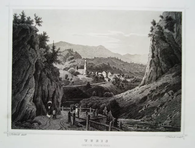 Thusis Graubünden Schweiz  echter alter Stahlstich 1850
