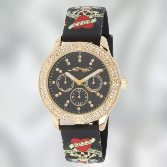 Orologio da donna Ed Hardy tono oro stampato cinturino in silicone teschio gotico nuovo con scatola