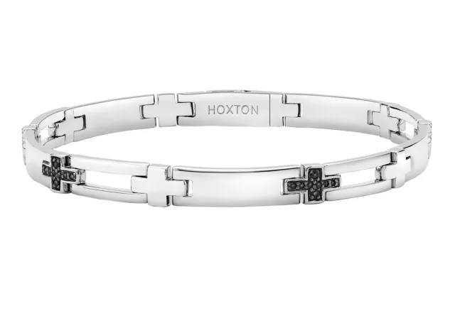 Hoxton Hommes Argent Sterling Noir Saphir Croix Barre Bracelet