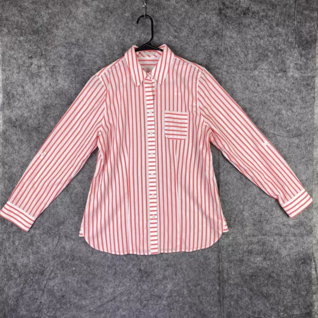 Chicos Shirt Womens 0 Red White Stripes Button Up Long Sleeve Collared No Iron