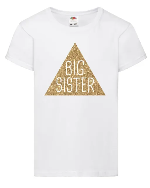 Gold Glitter Big Sister Girls T-Shirt - Printed Pregnancy Reveal Party Gift Top