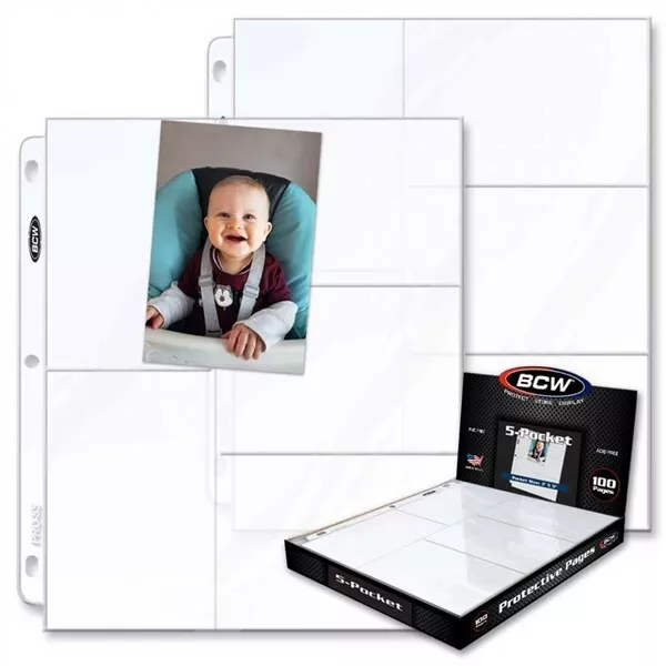 Box of 100 BCW Pro 5-Pocket 3.25x5.25 Postcard / Photo Album Pages binder sheets