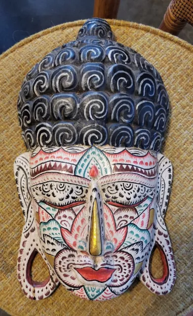 13" Wooden Hand Carved & Painted Wall Mask Hanging Buddha Head Statue Sculpture