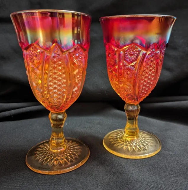 2 Vintage Indiana Carnival Glass Amberina Sunset Iridescent  Goblet