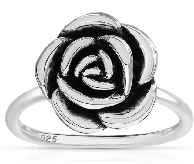 925 Solid Sterling Silver Rose Flower Stackable Ring Band for Women & Girls