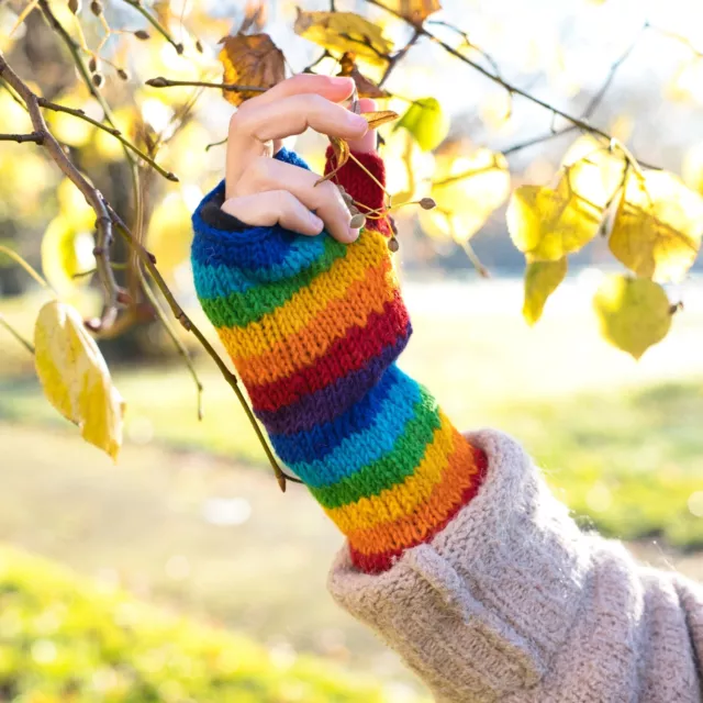 Women's Hand Knitted Fingerless Gloves Rainbow Woolen Wrist Warmers Fair Trade