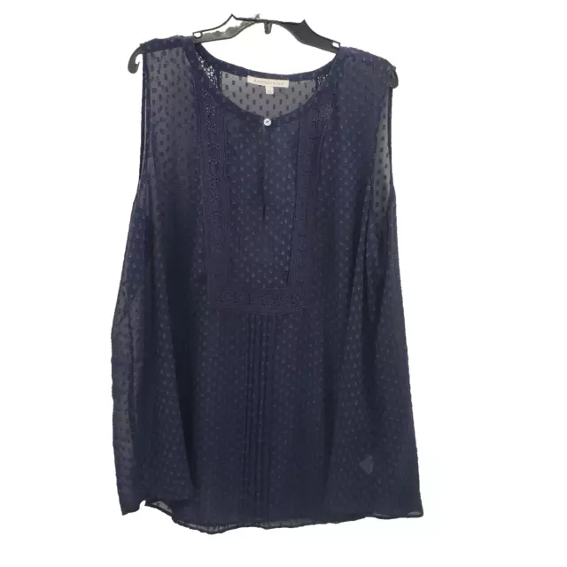 Daniel Rainn Blue Sleeveless Blouse Womens Plus Size 3x Sheer Swiss Dot Top