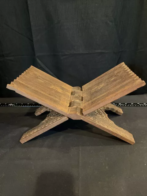 Vintage Wood Book Holder Folding Hand Carved Stand, Bible Cookbook, India A30