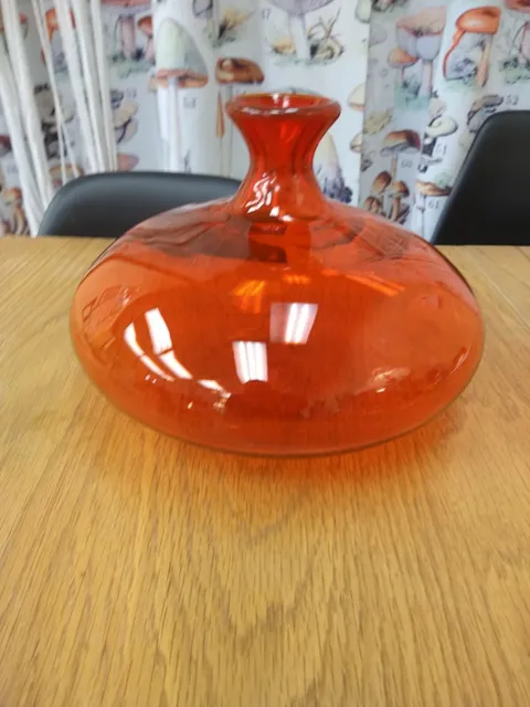 Rare Vintage Hand blown Glass Amberina Red Vase LG  9” Round Mid Century Vase