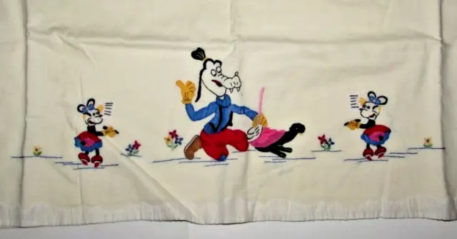 1930s Vtg Disney Goofy Minnie Mouse Linen Embroidery Coverlet Childs Sheet