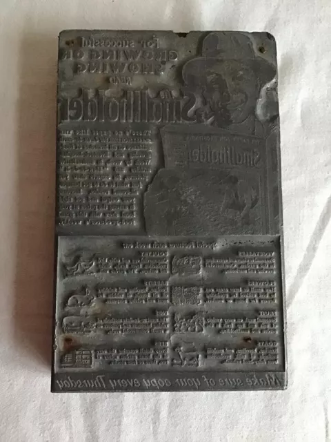 THE SMALLHOLDER Vintage Metal & Wood Newspaper Printing Block Advert Plate.