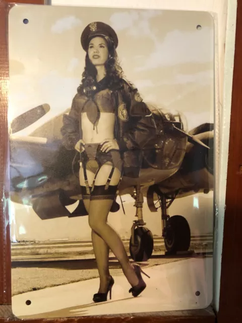 Sexy airplane Girl pinup Sign for Wall Vintage Metal Tin Retro 11.8" x 7.8"