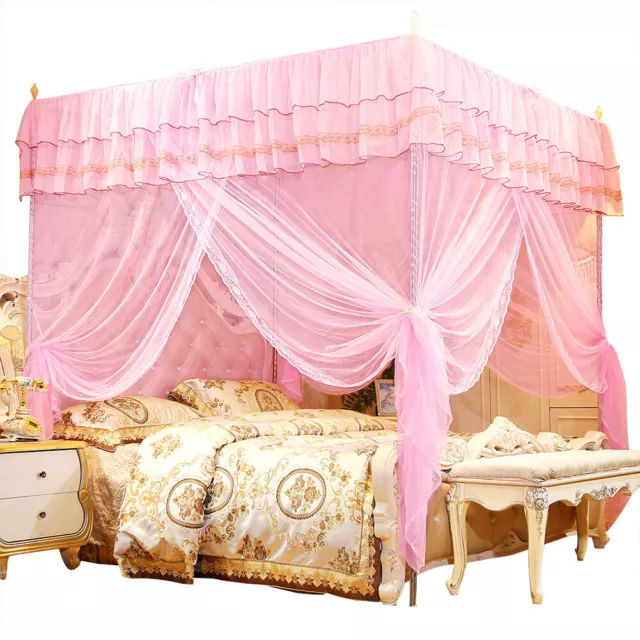 (L)Luxury Princess Three Side Openings Post Bed Curtain Canopy Netting SN