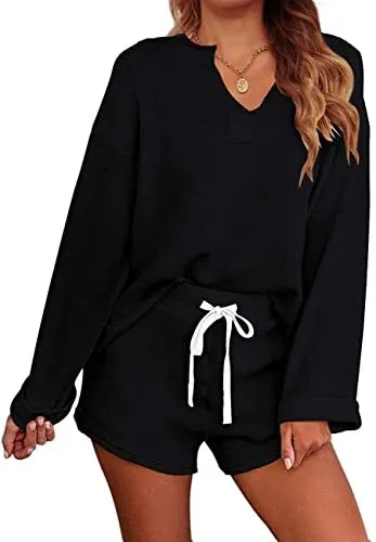 MEROKEETY Womens Long Sleeve Pajama Set Henley Knit Tops and Shorts Sleepwear