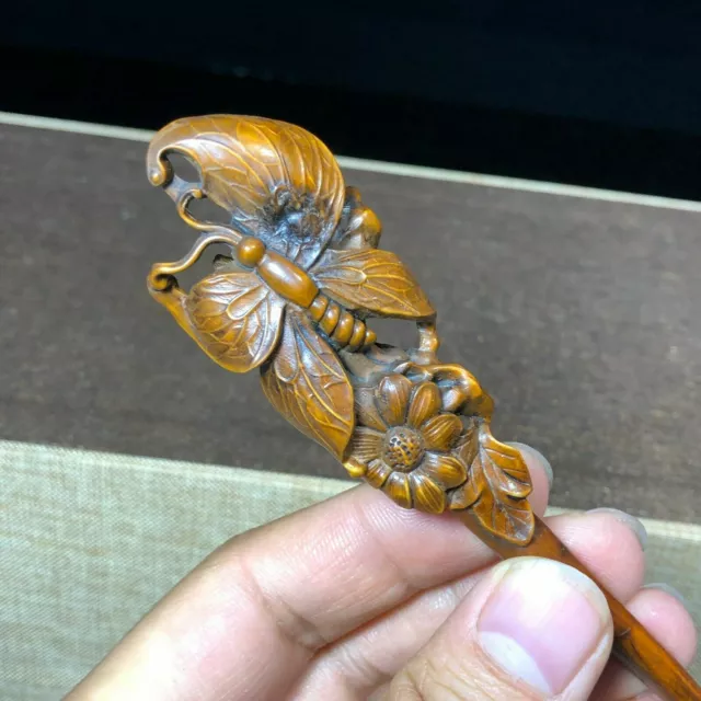 Old Boxwood Japanese Netsuke Vintage Collectible Butterfly Hairpin Statue C92 ww 3