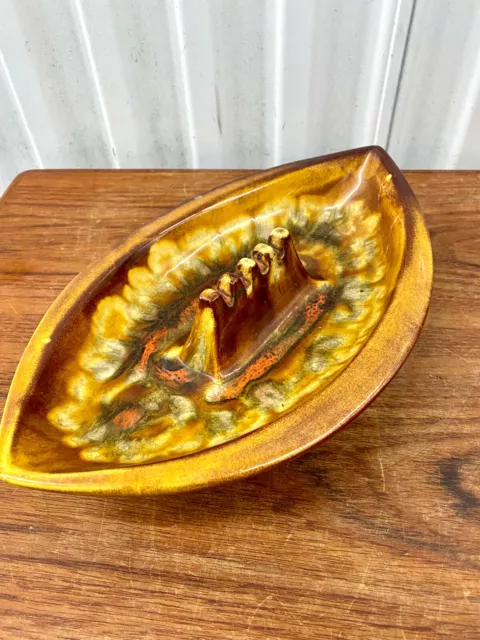 Mid Century Vintage Large Drip Glaze Brown Yellow Pottery Ashtray