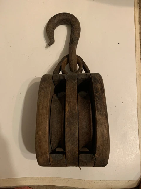 Vtg HEAVY DUTY Wood Double Pulley w/Hook Industrial Old Farm/Barn Tool 15lbs