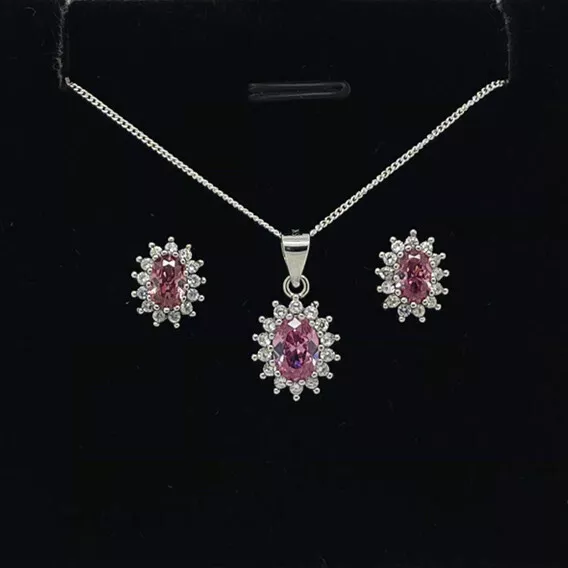 925 Sterling Silver Pink Sapphire Cluster Necklace & Earring Set Pendant