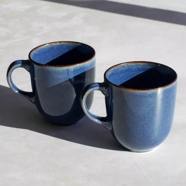 Set of 2 Dark Blue Reactive Glaze Coffee Mugs Stoneware 380ml Tea Hot Drink Cups