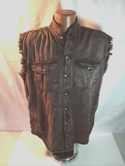 BIKERS CLUB Rust Distressed Denim Sleeveless Shirt Vest 4 Aces Graphics  M/L EUC