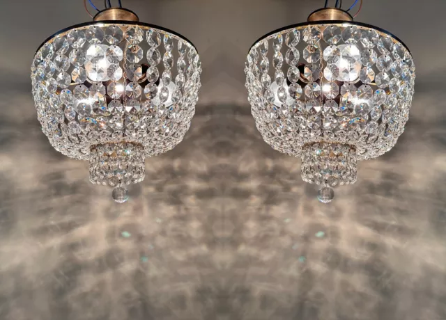 Pair Of Antique Vntage Crystal &Brass Chandelier Lighting Ceiling Light Fixtures